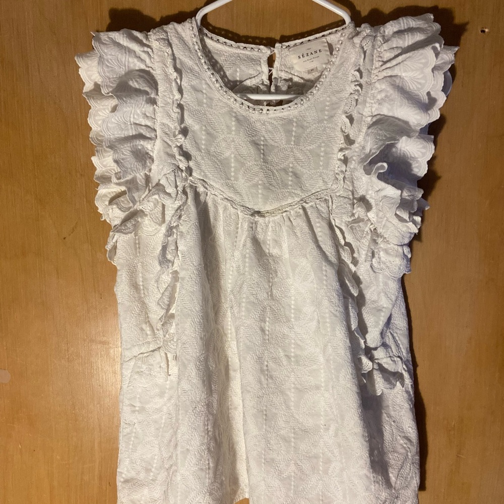 SEZANE White Ruffled Sleeve Eyelet Blouse Size 36 Good Condition Cotton